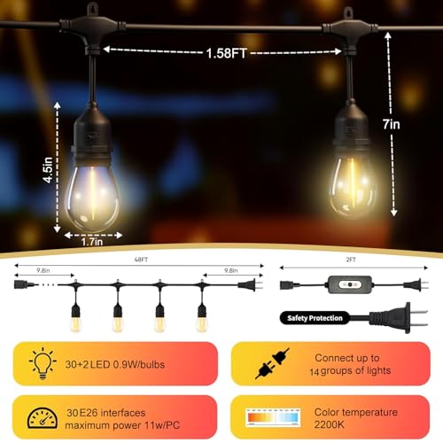 50FT Outdoor String Lights Waterproof with 30+2 Bulbs , Remote & Dimmer, Commercial Grade Patio Lights with 3 Mode Light - Additional View