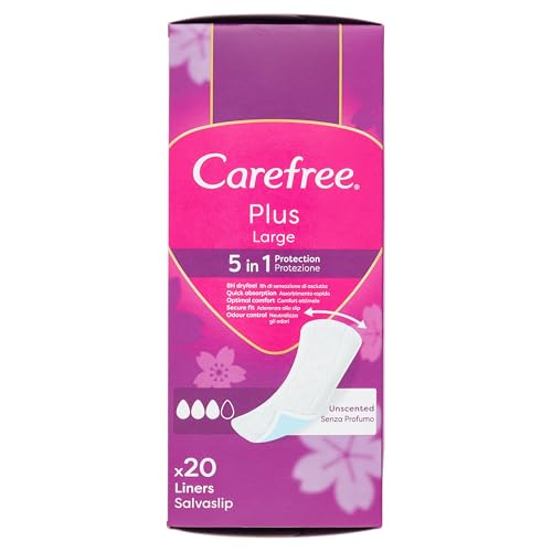 Carefree Salvaslips Plus Large sin perfume, Salva slip mujer extra ancho con protección 5 en 1 para 8 h de sensación de seco, absorbentes sin perfume ultrafinos para uso diario, 20 compresas