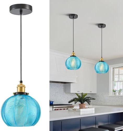Pendant Lights Kitchen Island, Vintage Hand Blown Glass Chandelier, Blue Modern Kitchen Island Light Fixtures, Adjustable Height Light, for Corridor Foyer Farmhouse Dining Room Over The Sink