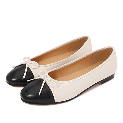 Image of Women's Cap Toe Ballet Flats Two Tone Bow Flats Round Toe Shoes for Women Slip on Casual, Work, Dress Flats Pumps for Women