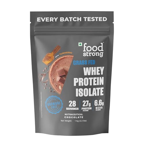 Image of Foodstrong Whey Protein Isolate, 100% Hormone Free Grass-Fed Whey, 27G Protein & 6.6G BCAA, Chocolate, With Turmeric & Digestive Enzymes, 1KG