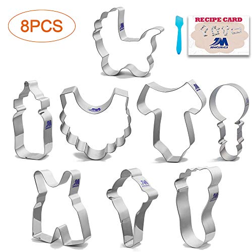 Ausstechformen-Set für Babyparty, Einteiler, Lätzchen, 2 Rasseln, Baby-Kutsche, Babyhose, Baby-Fuß-Ausstechformen, 8-teiliges Set, groß verpackt, Edelstahl