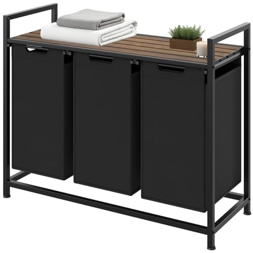 tectake® Meuble de buanderie Industriel 3 Paniers à linge Corbeille a linge Panier rangement Panier linge sale Bac de rangement Organisateur salle de bain...