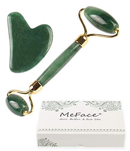Authentic Jade Roller and Gua Sha, 2 in 1 Jade Quartz Roller 100% Real Natural Jade Stone Massager Anti Aging Beauty Tool for Face Eyes Neck Body Wrinkles Puffiness-Jade Roller Set