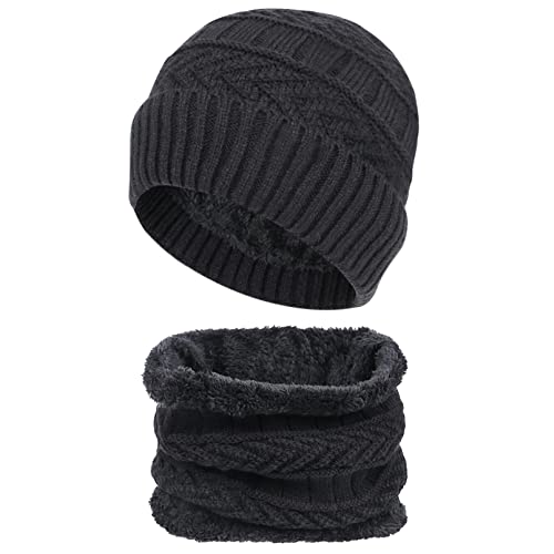 Chalier Cozy Herren Mütze Schal Set Lässige Beanie Strickmütze Wintermütze Herren Warme Wintermütze mit Fleecefutter Schwarz Cover