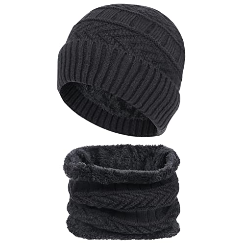 Chalier Cozy Herren Mütze Schal Set Lässige Beanie Strickmütze Wintermütze Herren Warme Wintermütze mit Fleecefutter Schwarz