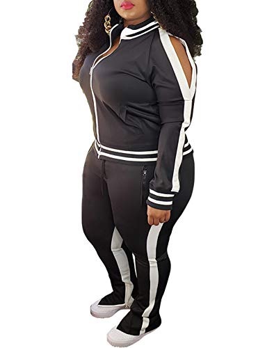 Hou Sweat Suits For Women Set - Womens Plus Size Two Piece Tracksuit Outfits Club Outfits Sweatsuit Stripe Patchwork Long Sleeve Skinny Pants Split With Zipper #TOP7