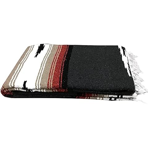 Open Road Goods Black Mexican Yoga Blanket - Thick Diamond Serape with Red, Brown, Tan and White Stripes Cover