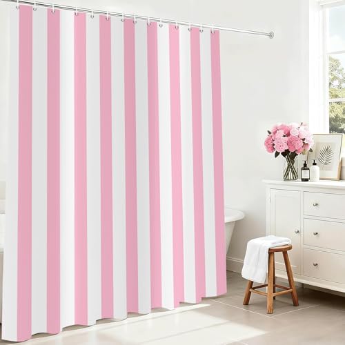 Rideau de douche rayures verticales rose et blanc style moderne minimaliste