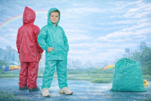 Image of Kids Raincoat with Pants | Waterproof PVC Rainwear Set with Hood & Pockets | Lightweight Full-Length Rain Suit for Boys & Girls | Includes Carry Bag (Pack of 1)
