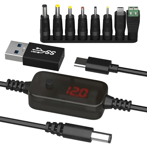 DROK LED Display USB to 12V Adapter - DC Voltage Regulator Adjustable 5V/9V/12V/15V/20V Boost Converter, 3.28FT/1m Step Up Converter with 8 DC Plug and USB Adapter