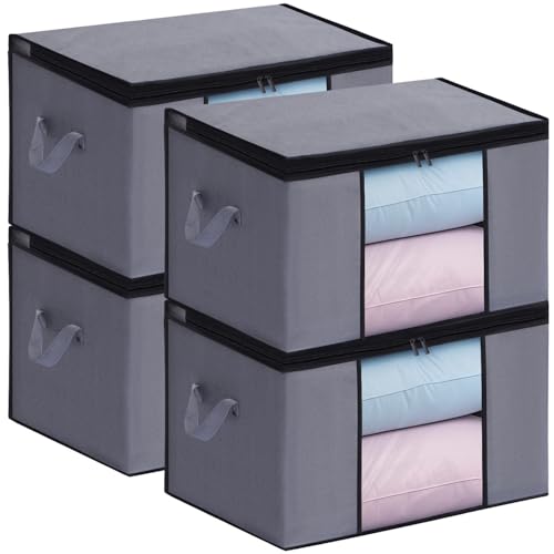 Boic 衣類収納ケース 毛布 布団収納ケース 洋服収納 衣装ケース 大容量 90L 4個組 60*43*35cm 収納ボックス 布製、透明窓付き、持ち手収納袋、折りたたみ 不織布 通気性 防塵 衣類収納、グレー