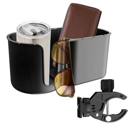 2-in-1 Wheelchair Cup Holder with Built-in Charging Port & Storage Organizer, 360° Rotatable Aluminum Clamp for Walker, Stroller, Golf Cart, Universal for Bottles & Small Items