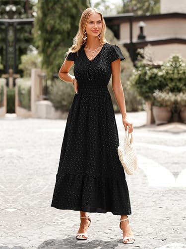 Image of PRETTYGARDEN Womens Dresses 2026 Summer Maxi Dress Boho Short Sleeve V Neck Swiss Dot Ruffle Tiered Smocked Flowy Long Dress