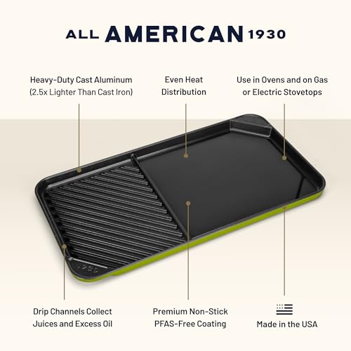 Image of All American 1930 - Ultimate 60 /40 Griddle with Ceramic Non-Stick Coating - Kelp Green - Durable & PFAS Free - Indoor Griddle for Easy Prep, Cooking, & Cleaning - Made in the USA