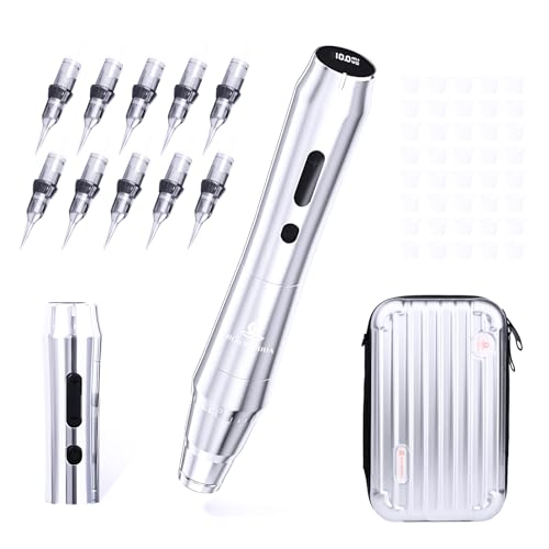 Blackbudda PMU Machine with Display Screen, Rotary Permanent Makeup Machine kit Equipped 10pcs Needles Cartridge, Ink Cups & Spare Battey (Silver)