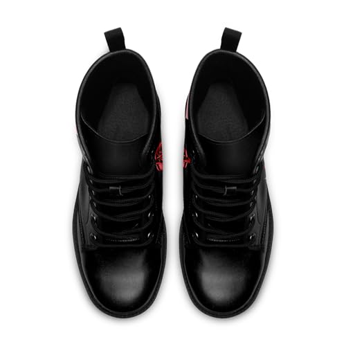 Image of Custom Black Combat Boots for Women Fashion Lace-Up Skull Rose Ankle Booties Chunky Heel Platform Leather Boots