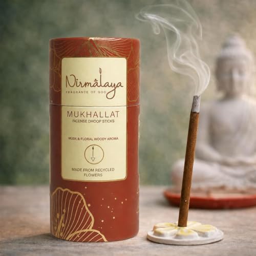 Image of Nirmalaya Premium Serene & Mukhallat Bambooless Dhoop Sticks (80 Sticks) with Ceramic Stand Sacred Temple Flower | 100% Charcoal-Free | for Pooja, Meditation, Yoga & Home Fragrance