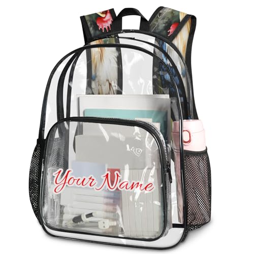 Personalized Large Clear Backpack Stadium Approved Heavy Duty PVC Plastic Custom Transparent Backpacks See Through Bag with Name, Rooster Spring Flowers