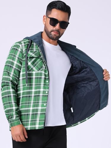 TATT 21 Men's Quilted Lined Shirt Jacket Drawstring Hooded Zipper Padded Plaid Shacket Dark Green L - Image 7