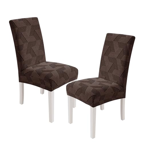 JIVINER Stretch Dining Chair Slipcovers Set of 2, Geometrical Jacquard Dining Chair Covers, Washable Kitchen Chair Covers for Dining Room, Hotel, Party, Brown