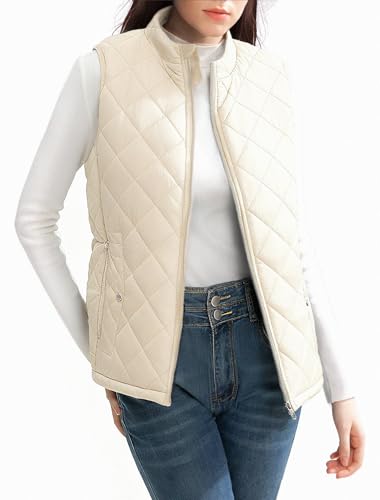Rose Letter Women'S Vest, Quilted Puffer Water-Resistant Zip With Pockets Beige Large