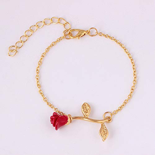 JczR.Y Red Rose Flower Bracelet for Women Girls Chain Leaf Flower Bracelet Charm Link Romantic Couple Bracelet Teen Lover Jewelry Gifts(gold) - Image 5
