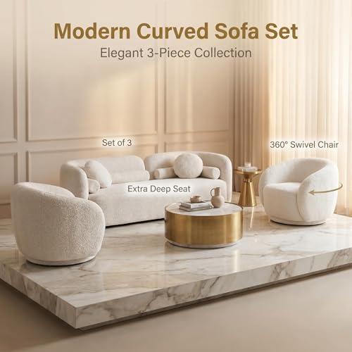 Image of Curved Sofa Set for Living Room, 3-Seater Upholstered Boucle Fabric Modern Sofa Set of 3 Piece Couch Set Minimalist Sofa with Swivel Accent Chairs Modern Sofa Set Home Bedroom Office (White)