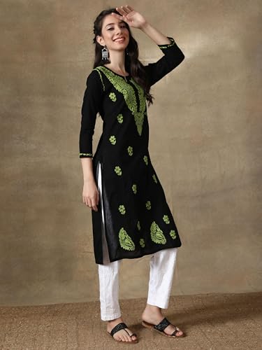 Image of Seva Chikan Hand Embroidered Lucknowi Chikankari Cotton Kurta Kurti for Womens SCL4219