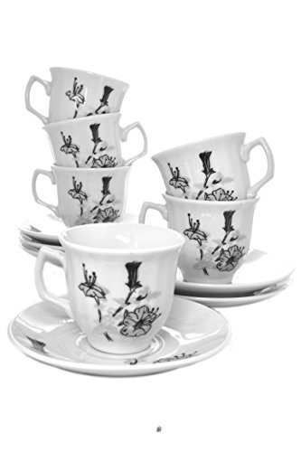 Buy 1 get 1 🔥 Set 6 Silver Hibiscus Flower Porcelain Demitasse Espresso Ribbed Cups & Saucers