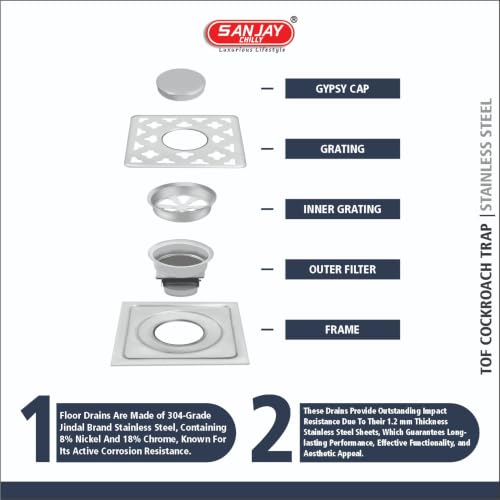 Image of SS Floor Drain with Cockroach Trap for Bathroom Gratings Square Waste Water Drainer in Luxurious Washroom with Hole & Without Hole (Square 4 x 4 Inch FCT Silver)