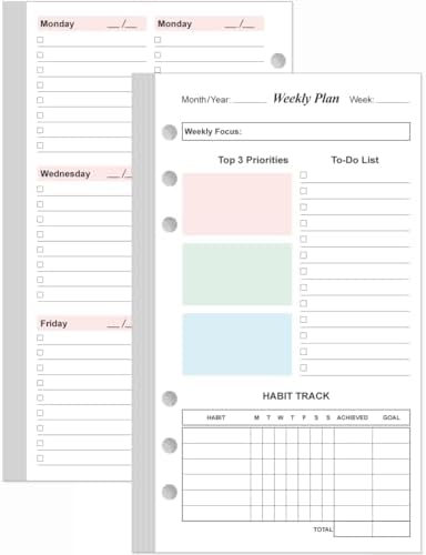 Planner Binder Weekly Planner Refills For 3 Or 7 Ring Mini Binders - 53 Sheets/106 Pages Undated Colorful Weekly Planner, 100 Gsm White Paper, Lasts 1 Year, Undated, 5.8" X 8.3 Day