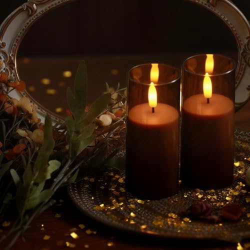 Image of CANDLE CHOICE Indoor Outdoor Flameless Candles with Timer Waterproof Realistic Flickering Battery Operated Pillar LED Lights with Acrylic Shell Wedding Party Christmas Decorations 6 Pack 2 inchx5 inch Brown