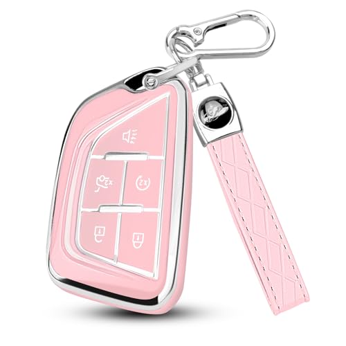 Image of QBUC for Cadillac Key Fob Cover with Leather Keychain (Chrome Trim Pink) | Soft TPU Protection Case Compatible with 2020-2026 Cadillac Escalade Lyriq Optiq 5-Buttons