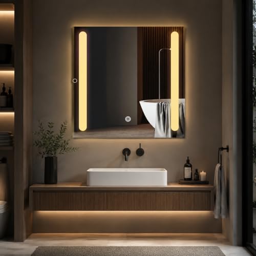 Image of LED Bathroom Wall Mirror with Decorative 3 Light Design | Touch Sensor | Warm | Natural and Cool White | for Wash Basin | Bedroom | Dressing Area Decoration (Square, 24x24)