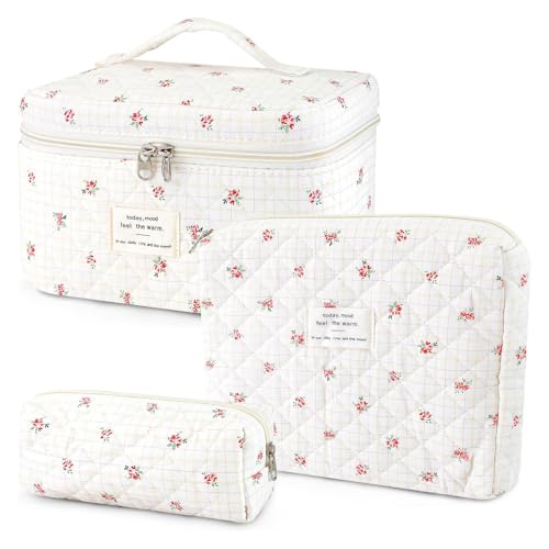 LIULINY 3 Piezas Neceser Mujer con Estampado Floral, Neceser Acolchado, Bolsa de Aseo con Estampado de Flores, Bolsa de Maquillaje Portátil, para Mujer, Niñas, Vacaciones (Flores Rojo)