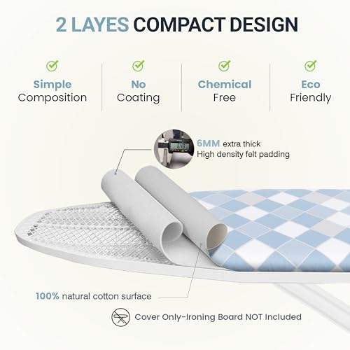 Image of Ironing Board Cover and Pad 15 inchx54 inch Extra Thick Natural Cotton, Scorch and Stain Resistant Padding, Standard Size Iron Board Cover with Fasteners Heavy Duty Elastic Edge, Heatproof Checkered