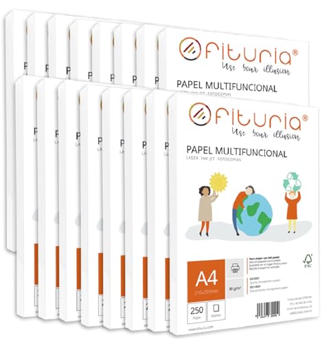 Paquete de folios A4 de 80gr con 4000 Hojas Blancas, Papel Multifuncional para Uso Escolar y Entornos Laborales. Ideal con impresoras láser, de inyección o fotocopiadoras - Ofituria (A4, 4000h) 🔥
