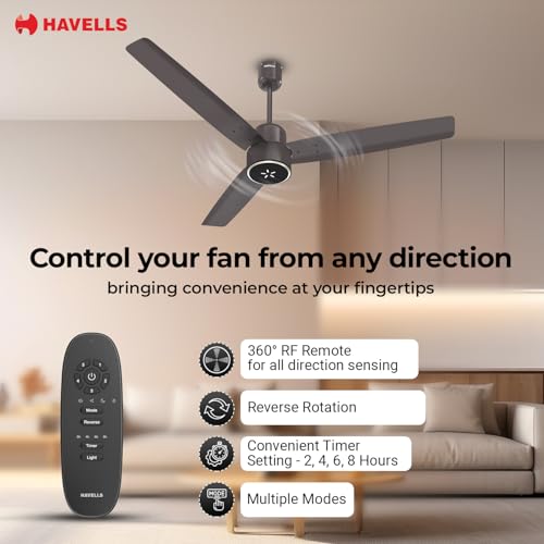 Image of Havells EPIC SIGNIA BLDC Ceiling Fan 1200mm, 5 star, LED Speed Indicator, 380 RPM, Up to 65% Savings,Reverse Rotation,4 Speed Modes,Low Wattage 30W,Low Noise,Air Flow:225 CMM, Cocoa Brown