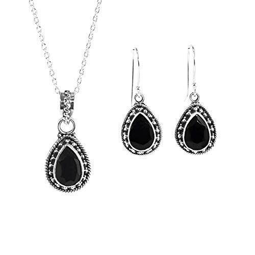 Sivalya AMALFI Black Onyx Necklace and Earrings Set - Natural Black Onyx Pear Cut Jewelry Gift Set for Women in Sterling Silver - Beautiful Gift Box and Pouch Packaging Included