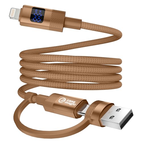 Image of Case-Magic 2-in-1 USB-A & Type-C to Lightning Cable (1M /3.3Ft) 27W Fast Charging, LED Display, 480Mbps Data, Durable Nylon Braided Cord for iPhone 14 /13 /12 /11 /XS /XR /8 /SE, iPad| Universal& Travel-Ready