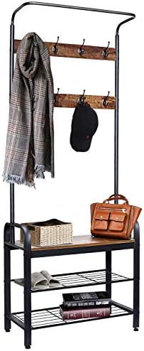ZNCMRR Entryway Hall Tree with Shoe Bench, Rustic Coat Rack Industrial Entryway Furniture Organizer with 8 Double Hooks and Storage Shelf for Hallway, Bedroom, Living Room, Easy Assembly