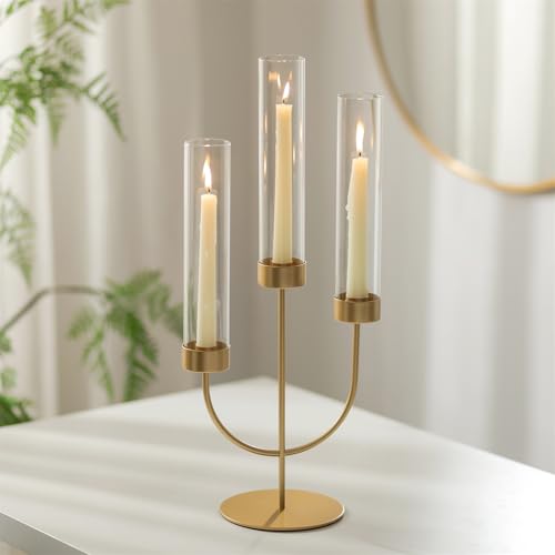 Sziqiqi Candelabro Oro: Centro de Mesa con 3 Brazos y Cristal Antiviento para Decoración de Navidad - Candelero Moderno para Exteriores