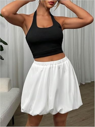 Women's Elastic Waisted Bubble Mini Skirt Ruffle A Line Loose Fit Y2K Short Skirts3