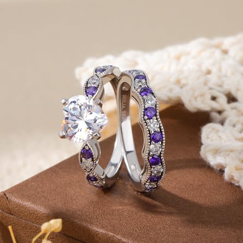 Image of Jeulia 3 Carat CZ Solitaire Engagement Rings Halo Milgrain Heart Cut Sterling Silver Ring Set Promise Engagement Wedding Anniversary Rings Bridal Sets for Women