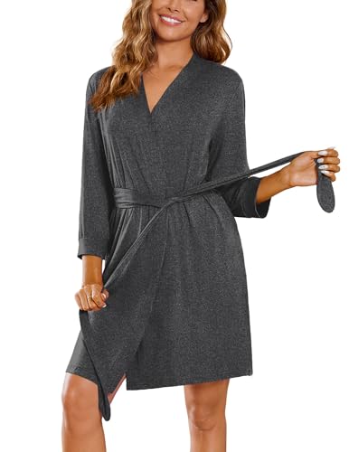 Image of Ekouaer Women's Robes Lightweight 3 /4 Sleeve Short Knit Bathrobe Soft Knee Length Sleepwear Robes with Pockets S-XXL