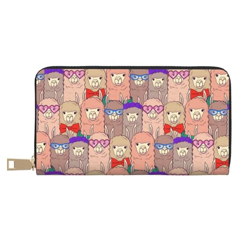 Portefeuille en cuir véritable avec fermeture éclair et motif lamas élégant
