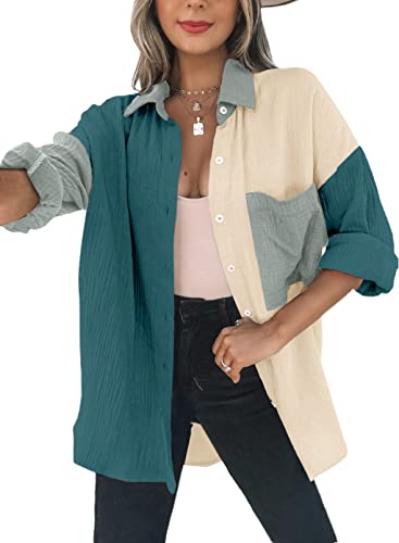 Dokotoo Bluse Damen Musselin Langarmshirt Baumwolle Lässig Oberteile Hemd Langarm Farbblock Blusen Shirts Knopfleiste Tops Hemdjacke Grün M