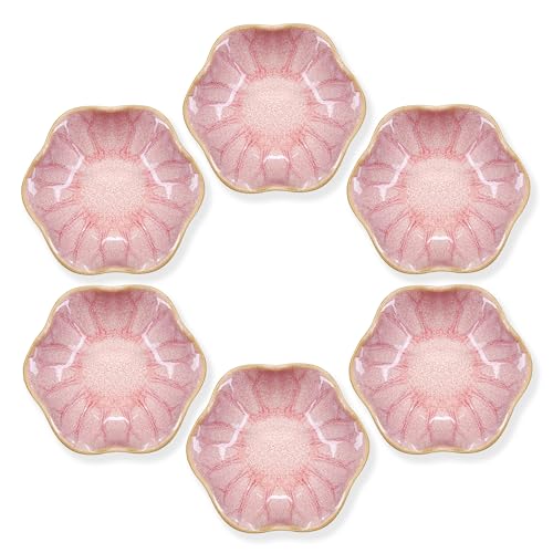 6-Pack Pink Soy Sauce Dishes, 2.5oz Ceramic Dipping Bowls, 4.1in lotus leaf shaped sauce bowls, Small Bowles for Side Dishes, sdipping bowl, dipping plates, Jewelry Tray, Decorative Bowles (6 Pink) - image 1