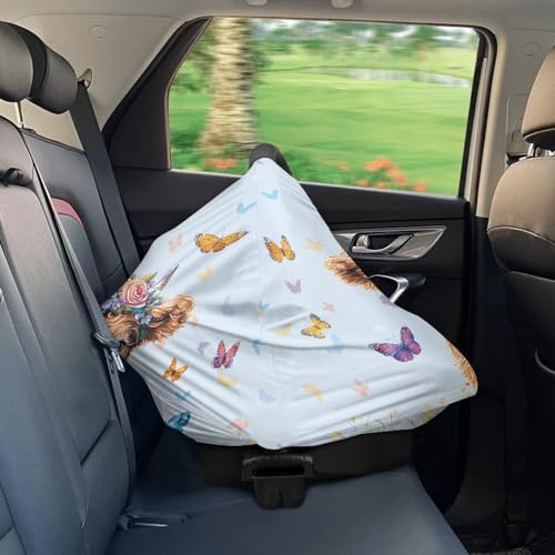 Image of Wanyint Highland Cow Butterfly Blue Infant Car Seat Cover, Baby Carseat Scarf Stretchy Nursing Scarf Car Seat Canopy Breathable Nursing Cover for Boys Girls